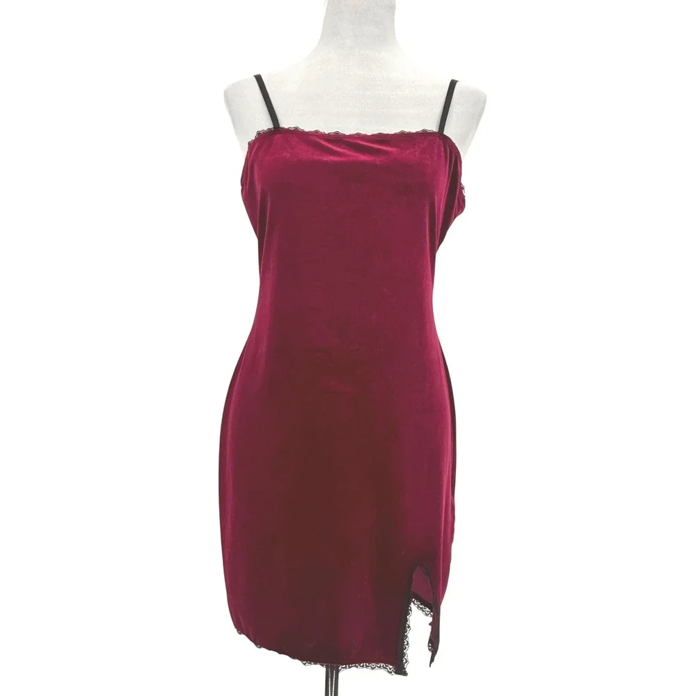 Forever 21 Velvet Lace Slip Mini Dress Burgundy Large Stretch Whimsygoth‎ Vamp